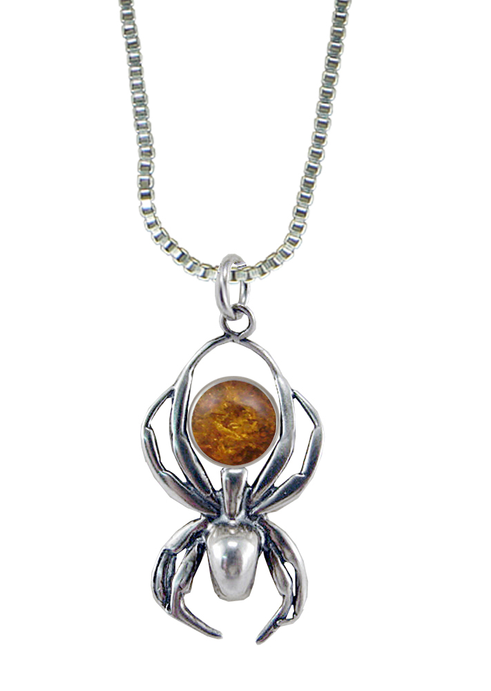 Sterling Silver Friendly Little Spider Pendant With Amber